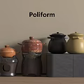 Stylish Poliform Kitchen Cookware With Colorful Ceramic Pots And Lids On Gray Cabinet