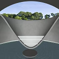 Unique Bathtub Design In Concrete Structure With Circular Opening And Green Trees View