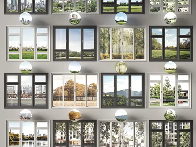 Various Scenery Framed by Different Windows Showing Natural and Urban Views 3d model
