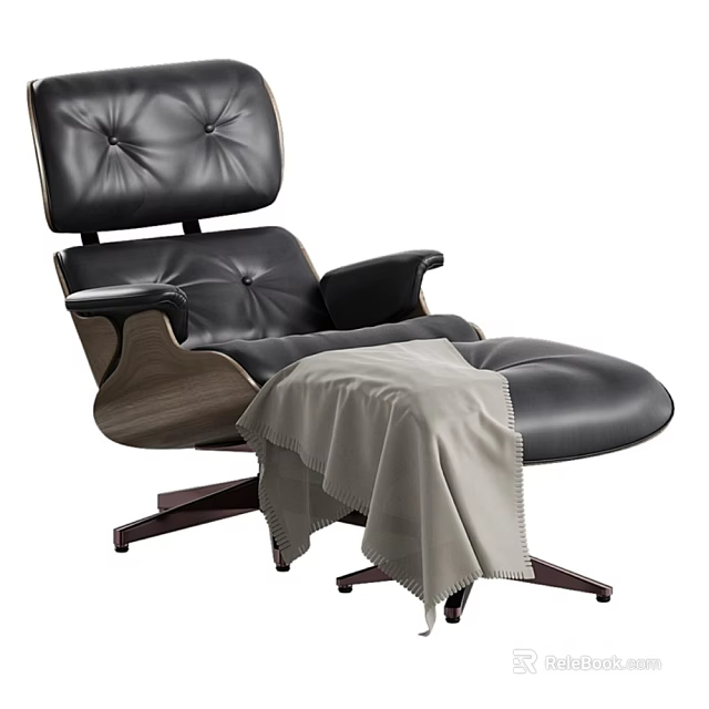 Black Leather Lounge Chair With Wooden Armrests Swivel Base Ottoman And Gray Blanket 3d model 