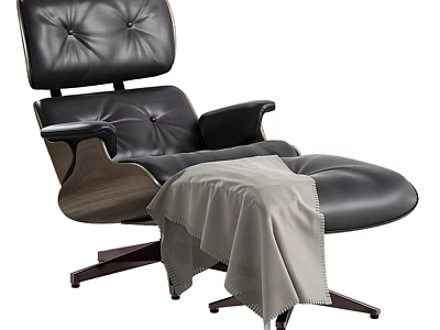 Black Leather Lounge Chair With Wooden Armrests Swivel Base Ottoman And Gray Blanket 3d model