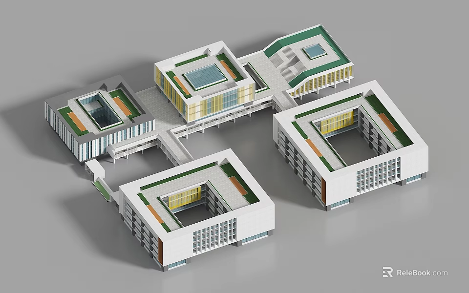 Modern Office Building Complex with Courtyards Geometric Design and Green Roofs 3d model