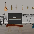 Musical Instruments And Art Supplies Collection In Creative Display Room Setup