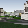 Modern Garden Landscape With Architectural Buildings Water Features Green Lawns And Pathways