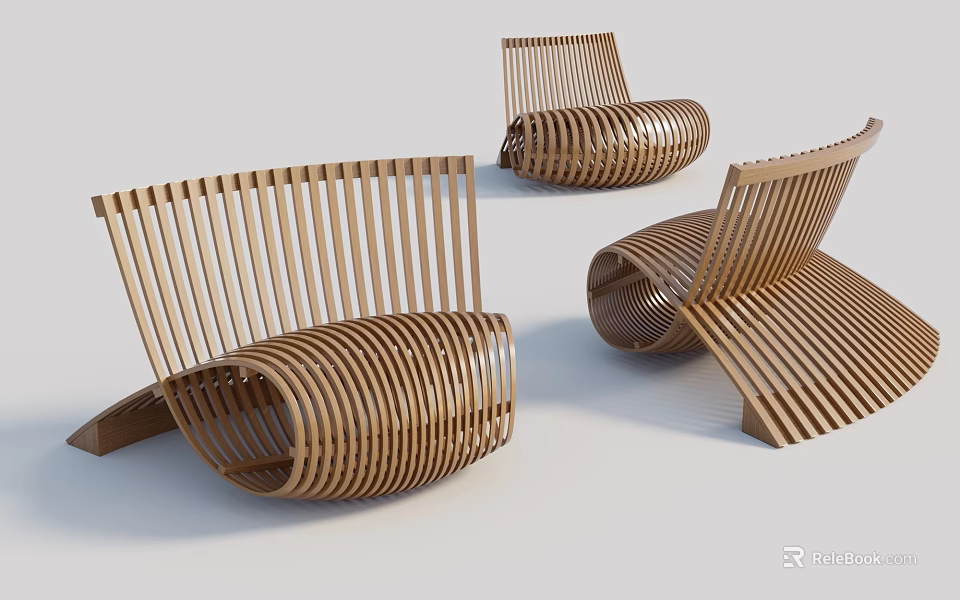 Wooden Leisure Chair With Striped Design And Curved Structure For Modern Spaces 3d model 