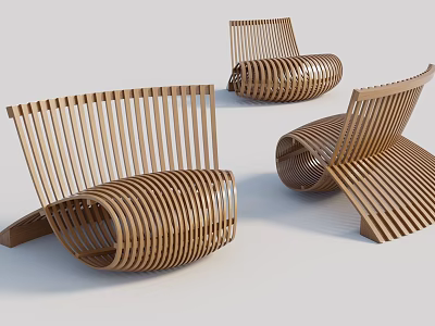 Wooden Leisure Chair With Striped Design And Curved Structure For Modern Spaces 3d model