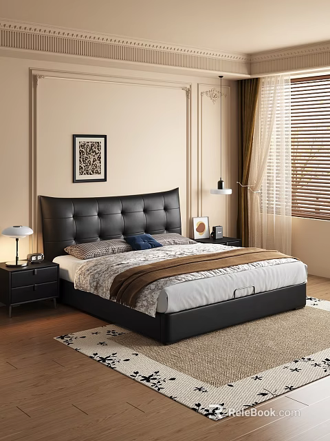 Sleek Black Tufted Leather Double Bed With Hidden Storage For Warm Modern Bedroom Space 3d model 