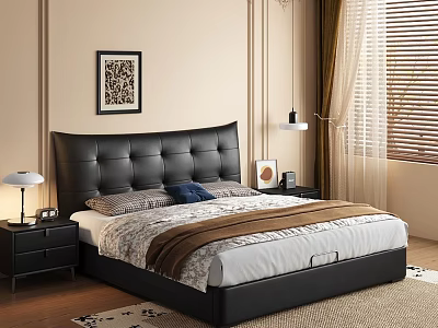 Sleek Black Tufted Leather Double Bed With Hidden Storage For Warm Modern Bedroom Space 3d model