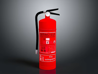 Red Fire Extinguisher With A B E Type Label And Safety Equipment 3d model