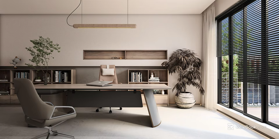 Modern Minimalist Office Interior with Large Desk Ergonomic Chair Bookshelves Potted Plant and Natural Light 3d model 