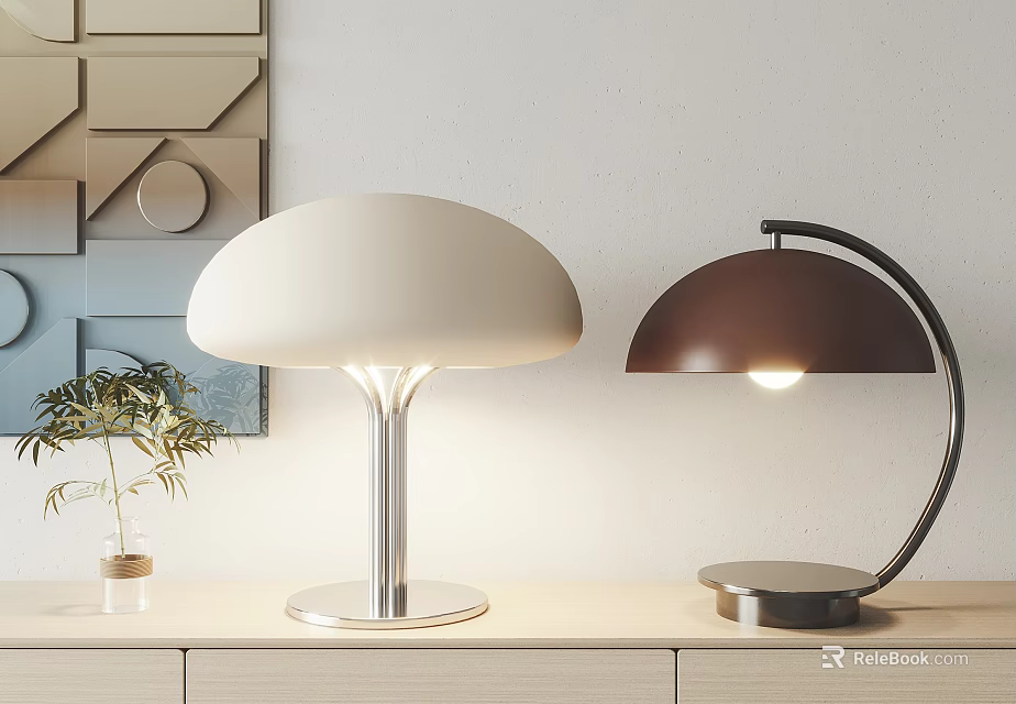 White Mushroom and Brown Arched Table Lamps with Metallic Bases and Geometric Wall Decor 3d model 