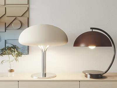 White Mushroom and Brown Arched Table Lamps with Metallic Bases and Geometric Wall Decor 3d model