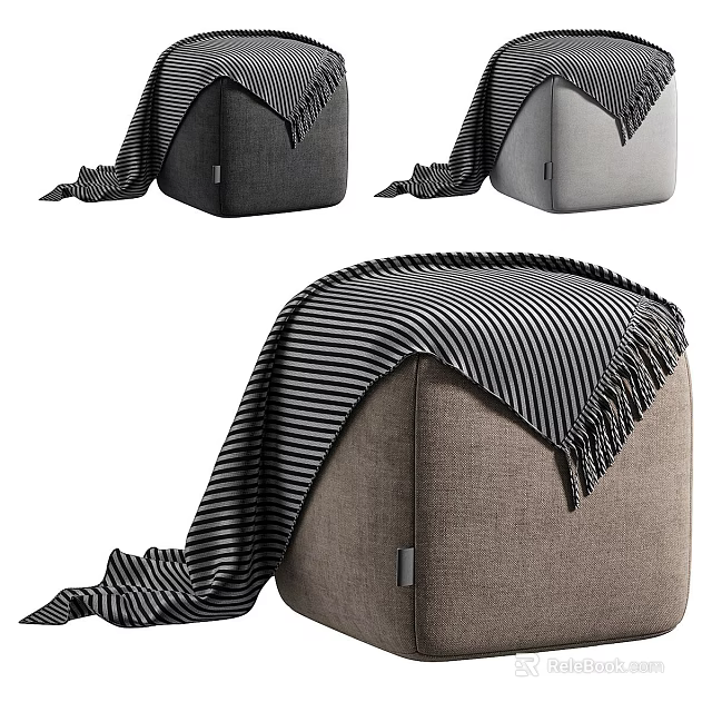 Cozy Upholstered Ottoman With Striped Blanket In Gray Light Gray And Brown Tones 3d model 