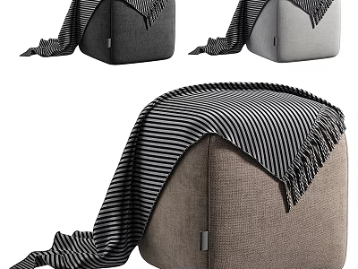 Cozy Upholstered Ottoman With Striped Blanket In Gray Light Gray And Brown Tones 3d model