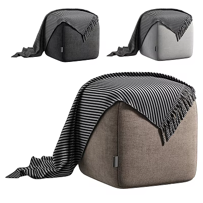 Cozy Upholstered Ottoman With Striped Blanket In Gray Light Gray And Brown Tones 3d model