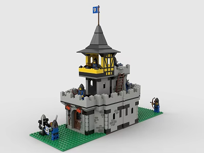 Building Blocks Medieval Castle with Tower Flag Knight Figures and Green Baseplate 3d model
