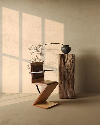 Minimalist Single Chair With Wooden Accent And Natural Light Shadow Design 3d model
