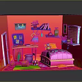 Pink Themed Kids Bedroom Interior With Bed Bookshelf Toys And Decorations