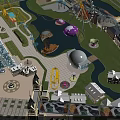 Amusement Park With Colorful Rides Scenic River Green Lawns And Various Buildings