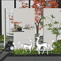 Modern Garden Feature Wall With Lattice Design White Deer Sculptures Green Plants And String Lights