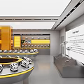 Modern Helmet Showroom With Curved Display Counters Yellow Pillars Wall Decorations And White Helmets