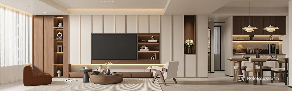 Modern Minimalist Living and Dining Room Interior With TV Wall Shelves Coffee Table And Chair 3d model 