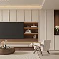 Modern Minimalist Living and Dining Room Interior With TV Wall Shelves Coffee Table And Chair