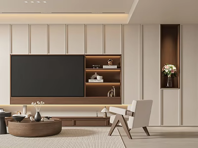 Modern Minimalist Living and Dining Room Interior With TV Wall Shelves Coffee Table And Chair 3d model