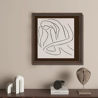 Abstract Single Line Painting In Dark Frame On Light Colored Wall With Sculptural Decor 3d model