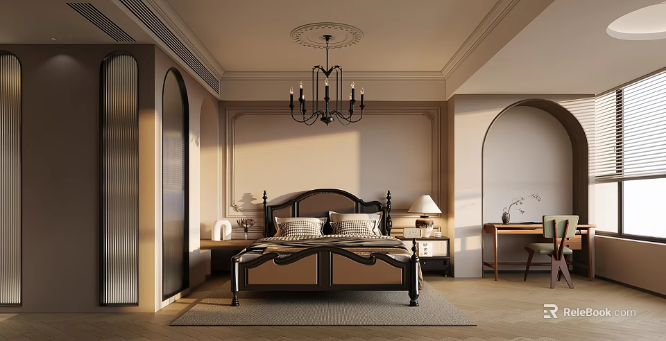 Elegant Luxury Bedroom Interior Design With Bed Frame Nightstands And Chandelier Decor 3d model 