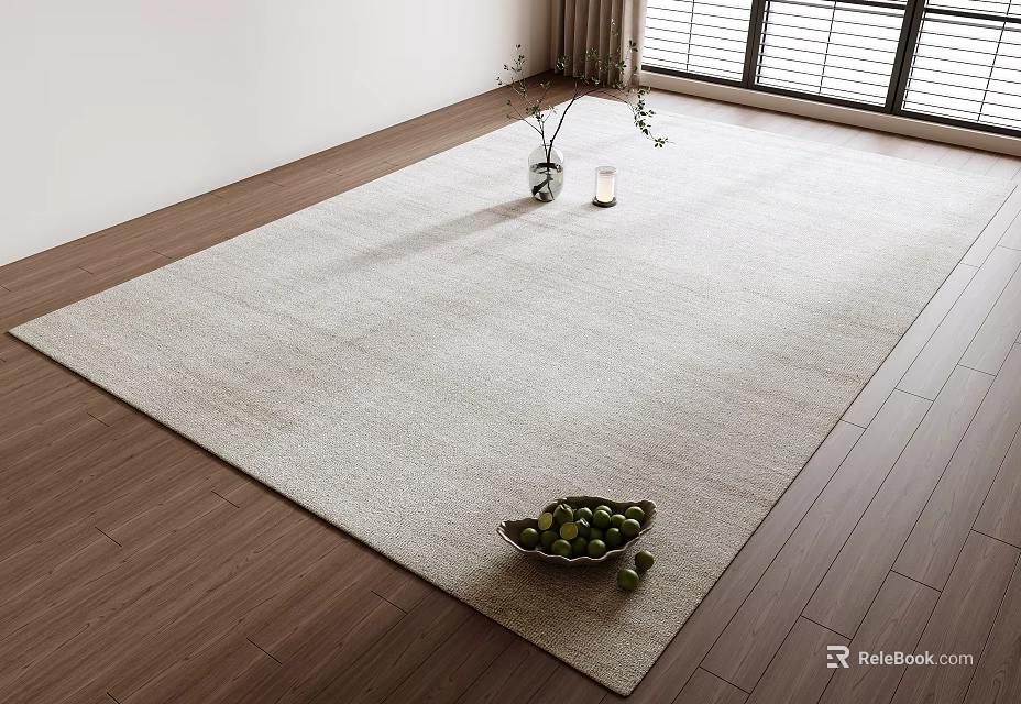 Light Square Area Rug on Wooden Floor with Green Fruit Bowl Vase and Candle 3d model 