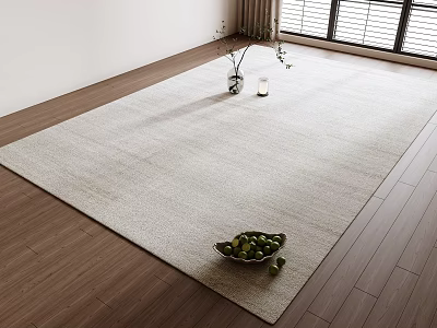 Light Square Area Rug on Wooden Floor with Green Fruit Bowl Vase and Candle 3d model