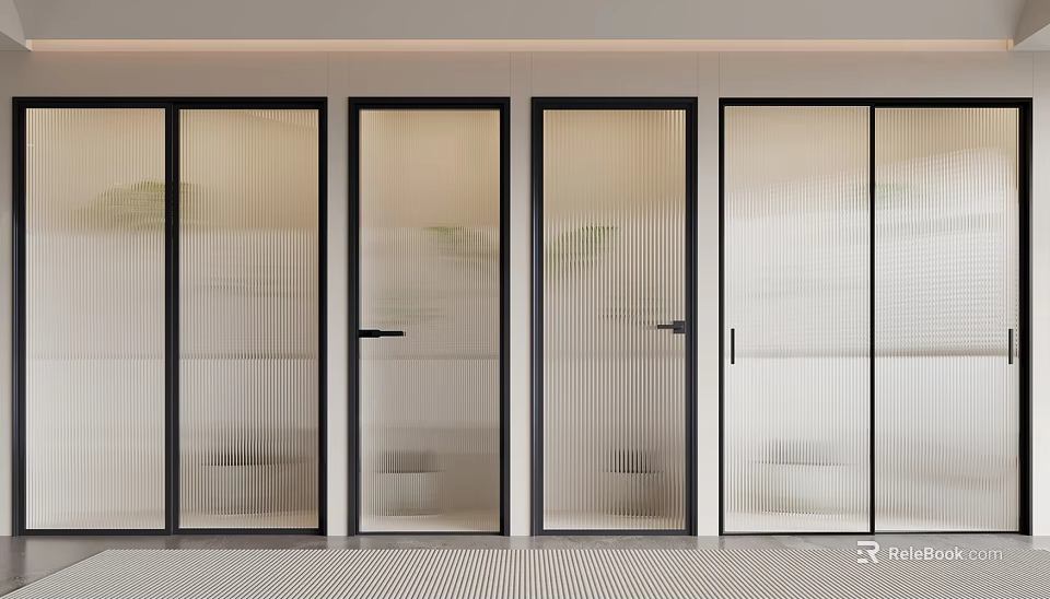Modern Interior Hinged Doors With Ribbed Glass And Black Slim Frames Design 3d model 