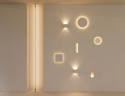Modern Floor Lamp And Geometric Wall Light Fixtures In Minimalist Space 3d model
