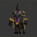 Horned Fantasy Creature Character With Armored Torso Golden Purple Accents Glowing Patterns And Equine Legs