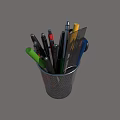 Perforated Black Pen Holder With Colored Pens Scissors Ruler On White Background