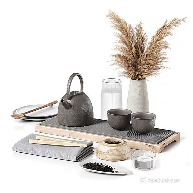 Traditional Cast Iron Tea Set With Teacups Tray And Pampas Grass Decor 3d model 