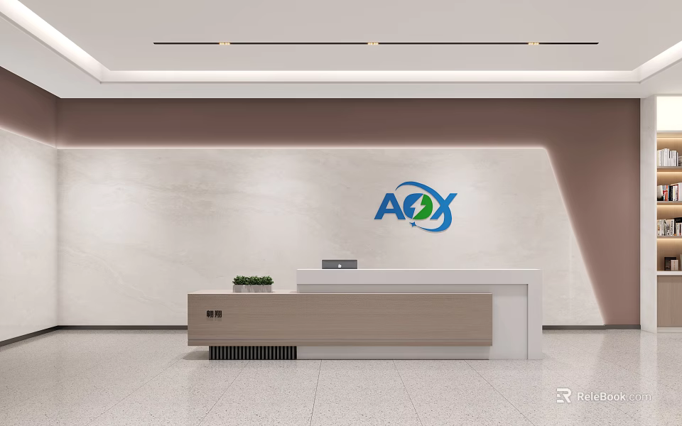 Sleek Modern Office Reception Counter With Light Wood Panel And Brand Logo On Marble Wall 3d model 