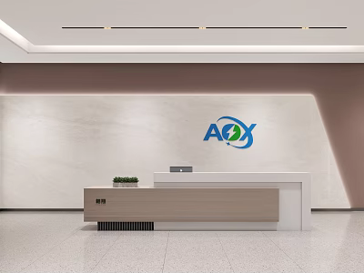Sleek Modern Office Reception Counter With Light Wood Panel And Brand Logo On Marble Wall 3d model