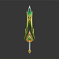 Ornate Fantasy Sword With Green Gemstone And Gold Decorative Hilt