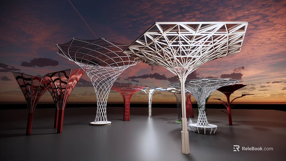 Multiple Modern Pergola Structures With Geometric Frames And Colorful Supports Against Sunset Sky 3d model