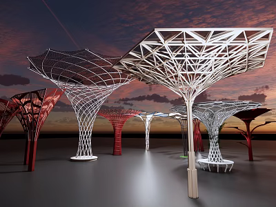 Multiple Modern Pergola Structures With Geometric Frames And Colorful Supports Against Sunset Sky 3d model