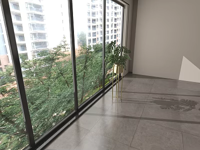 Spacious Indoor Space With Large Floor to Ceiling Windows and Green Plant on Golden Stand 3d model