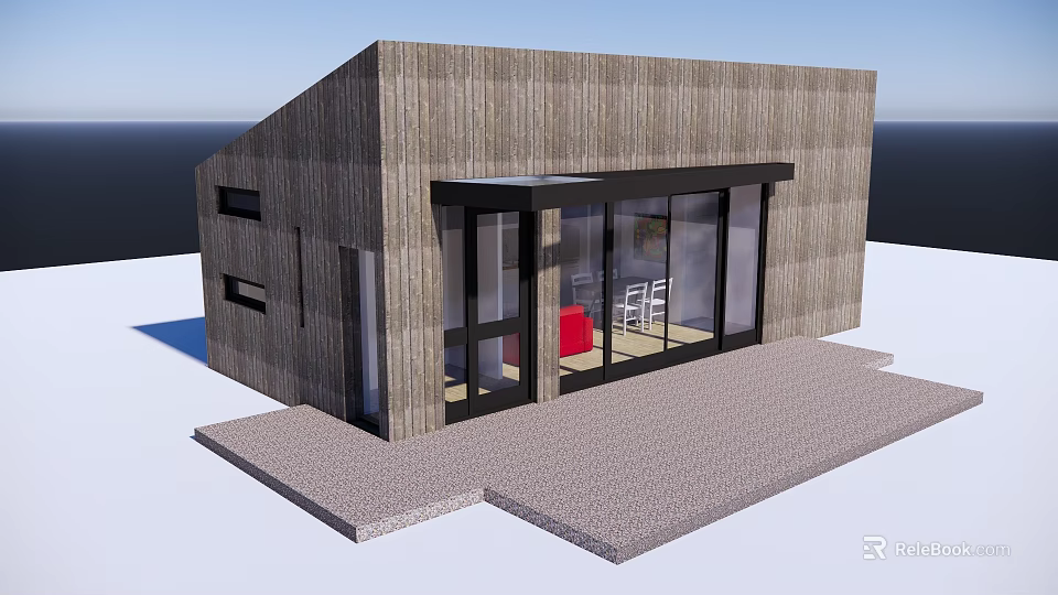 Modern Detached Villa Featuring Wooden Exterior And Large Glass Doors With Paved Entrance 3d model 