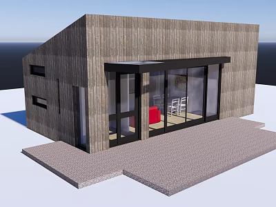 Modern Detached Villa Featuring Wooden Exterior And Large Glass Doors With Paved Entrance 3d model