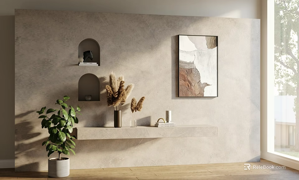Modern Wall Decorative Ornament Set With Arched Niches Abstract Art Pampas Grass And Green Plant 3d model 