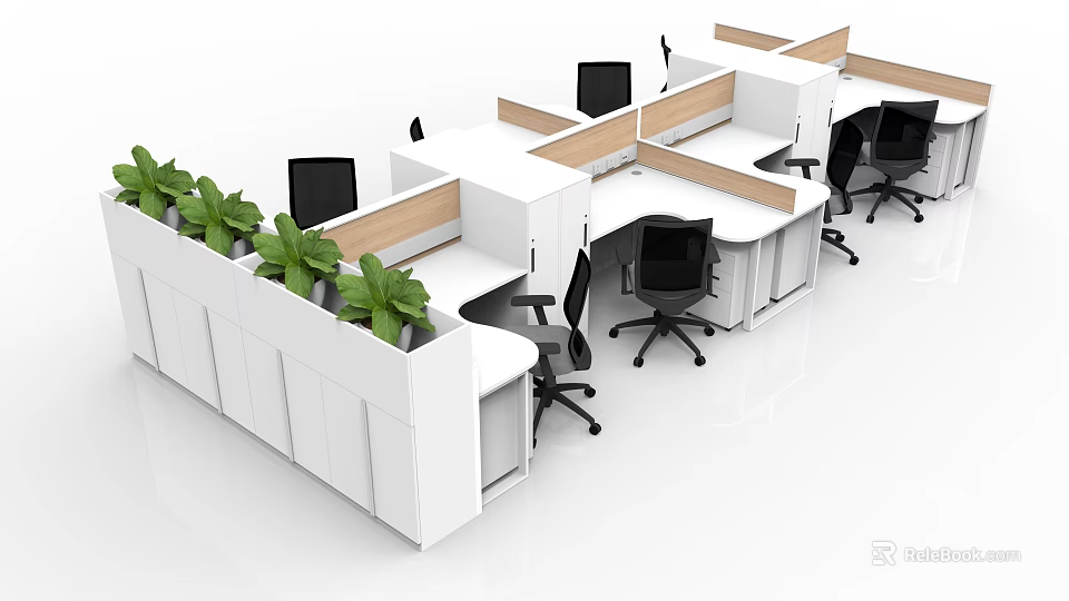 Modern Office Desk Cubicles With Computer Monitors Black Office Chairs And Green Plants 3d model 