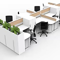 Modern Office Desk Cubicles With Computer Monitors Black Office Chairs And Green Plants