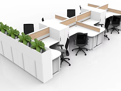 Modern Office Desk Cubicles With Computer Monitors Black Office Chairs And Green Plants 3d model