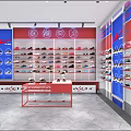Shoe Store Interior With Red Display Shelves Various Shoes Red Counter And Neon Sign